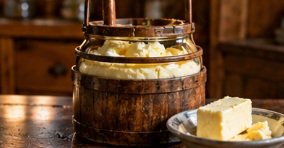 A traditional wooden butter churn beside a plate of butter.