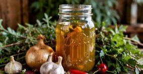A jar of herb-infused vinegar surrounded by garlic, onion, and peppers.