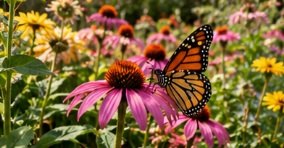 A monarch butterfly rests on a purple coneflower in a colorful garden.